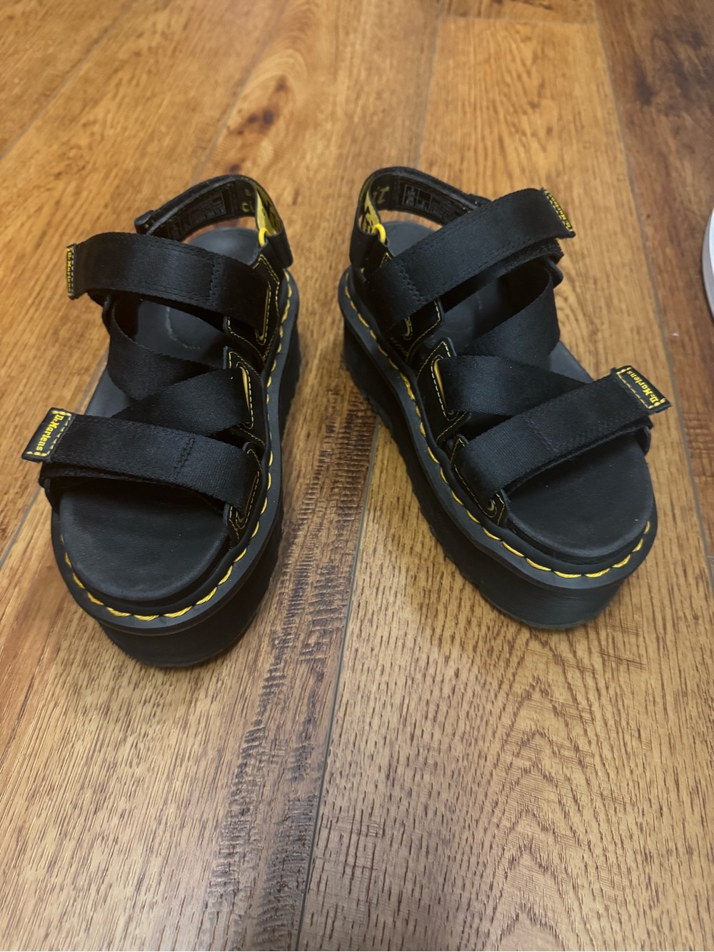 Dr. Martens Black Sandal-Style Platform with Yellow Stitching